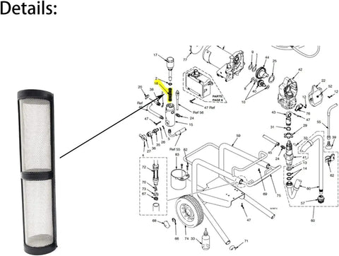 Diagram showing installation of Airless Paint Sprayer Filter 60 Mesh Set for 390 395 490 495 595 Series, alongside product.