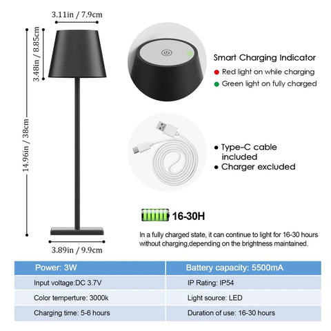 Diagram of Two Pack LED Cordless Table Lamps With Rechargeable 5500mAh Battery, showing dimensions, features, and specifications.
