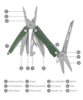 EDC Keychain Multitool 10 In 1 Mini Pocket Knife With Needlenose Pliers, Scissors, in Green 30Cr13 Steel, shown with tools extended.
