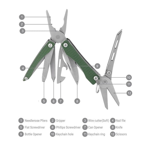 EDC Keychain Multitool 10 In 1 Mini Pocket Knife With Needlenose Pliers, Scissors, in Green 30Cr13 Steel, shown with tools extended.