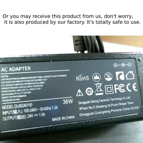 Close-up of the 24V Razor Scooter Battery Charger with DC 24V 1.5A output showing model and specifications on label.
