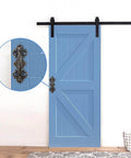 Heavy Duty 2 Pack 5.46 Inch Dark Brown Cast Iron Barn Door Handles Rustic Vintage Gate Fence Outdoor Garage Closet Cabinet Drawer Pulls Sturdy Rust Resistant Long Lasting With Retro Charm installed on a blue sliding barn door.