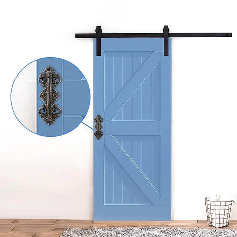 Heavy Duty 2 Pack 5.46 Inch Dark Brown Cast Iron Barn Door Handles Rustic Vintage Gate Fence Outdoor Garage Closet Cabinet Drawer Pulls Sturdy Rust Resistant Long Lasting With Retro Charm installed on a blue sliding barn door.