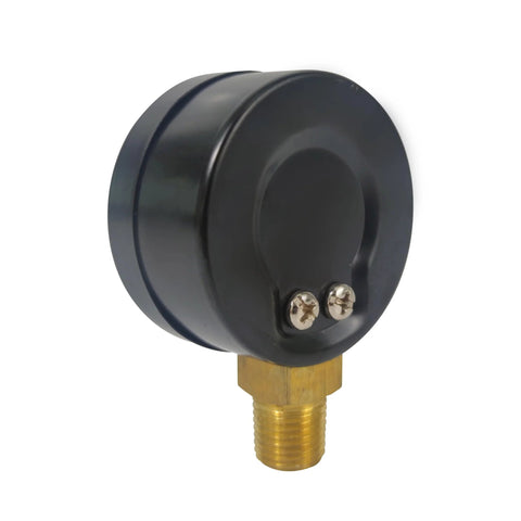 Front view of black steel vacuum pressure gauge housing with brass 1/4 in NPT lower mount.