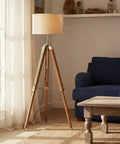 Vintage Teak Wood Tripod Floor Lamp with Chrome Finish 55 Inch Tall Nautical Inspired Rustic Modern Home Decor for Living Room or Den Shade Not Included Durable Steel and Aluminum Construction Unique Gift Idea in cozy living room
