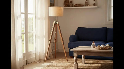 Vintage Teak Wood Tripod Floor Lamp with Chrome Finish 55 Inch Tall Nautical Inspired Rustic Modern Home Decor for Living Room or Den Shade Not Included Durable Steel and Aluminum Construction Unique Gift Idea in cozy living room