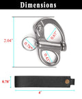 Front view of two-piece quick-release shackle in marine-grade 316 stainless steel with leather strap for SCBA mask lanyard
