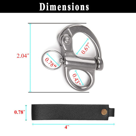 Front view of two-piece quick-release shackle in marine-grade 316 stainless steel with leather strap for SCBA mask lanyard