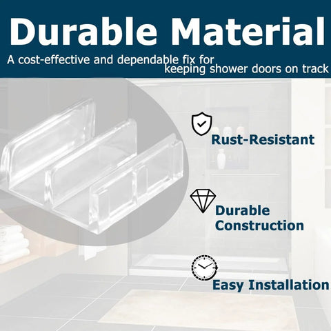 5 Pack Clear Plastic Bottom Guides for Sliding Shower Doors With 1/2 Inch Channels, Snap-In Design, in bathroom setting M6059