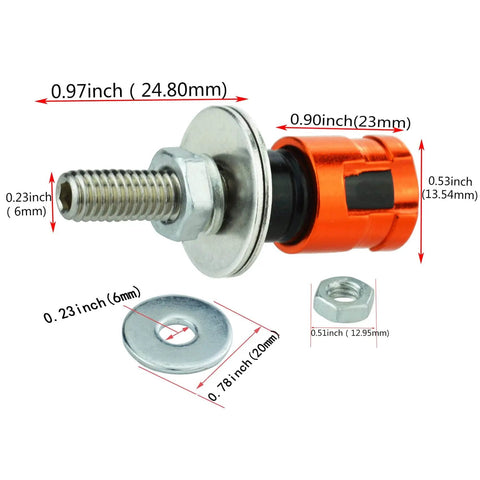 Rust Proof Aluminum License Plate Screws Kit With Accessories 4 Pack For Cars Trucks And Motorcycles Orange Keeps Your Plate Secure And Theft Resistant With Easy Install, showing close-up of threaded screw and dimensions.