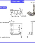 Damping hinge hardware XG11-007-15R, 304 stainless steel, torque 1.5 N.m, front and side CAD views