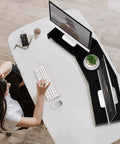 Overhead view of Dual Monitor Stand Riser For Desk Setup With 3 Shelf Adjustable Length And Tilt Extra Long Multifunctional Wood Stand.