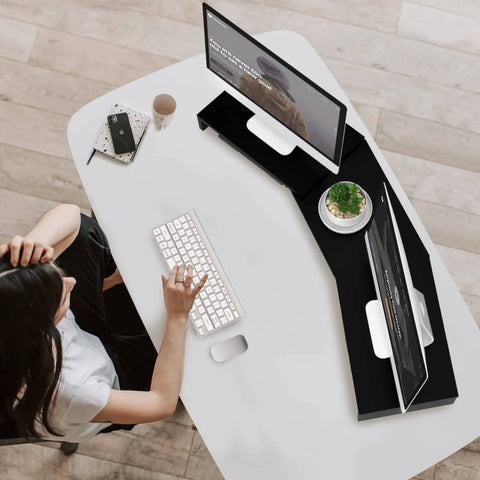 Overhead view of Dual Monitor Stand Riser For Desk Setup With 3 Shelf Adjustable Length And Tilt Extra Long Multifunctional Wood Stand.