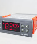 Dual Stage 12V Digital Temperature Controller Thermostat for home brew with red LED display showing 83.9°F, gray casing