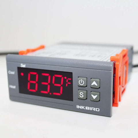 Dual Stage 12V Digital Temperature Controller Thermostat for home brew with red LED display showing 83.9°F, gray casing