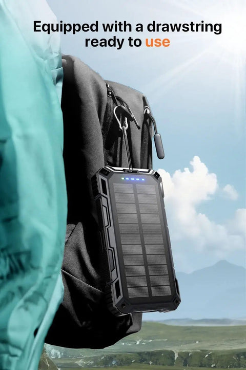 Power Bank 49800mAh Solar Portable Charger With Wireless Charging USB C 15W Fast Charge secured on backpack