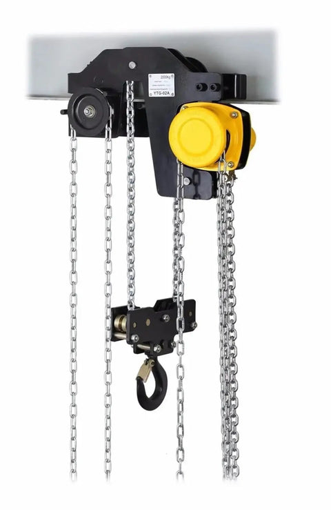 Portable 3 Ton Mini Chain Hoist Built With Slick Gears And Kickass Steel Chains For Tight Low Headroom Shops, detailed view of mechanism.