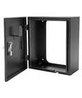 Rock Solid EV Charger Enclosure Box Featuring Quick Set Combo Lock Wall Mount Weatherproof Shield with door open, black steel construction