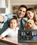 Family with dog using Must Have Wireless Weather Station With Color LCD Display Indoor Outdoor Thermometer Atomic Clock in living room