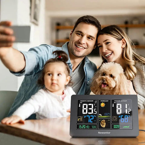 Family with dog using Must Have Wireless Weather Station With Color LCD Display Indoor Outdoor Thermometer Atomic Clock in living room