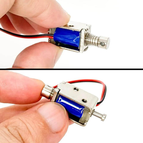 Close-up of Tiny 12V Micro Push Pull Solenoid Electromagnet, ultra compact linear actuator, open frame design with metal build, 4mm stroke.