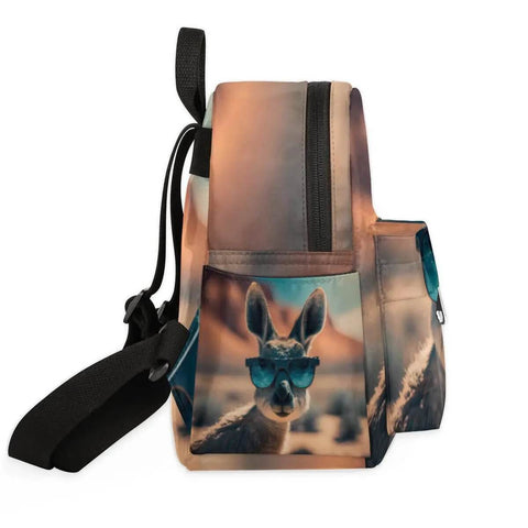 Side view of Mini Backpack Purse For Women With Adjustable Straps, showcasing kangaroo pocket sunglasses holder design.