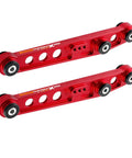 maXpeedingrods rear lower control arms, set of 2 red aluminum with poly bushings (side view).