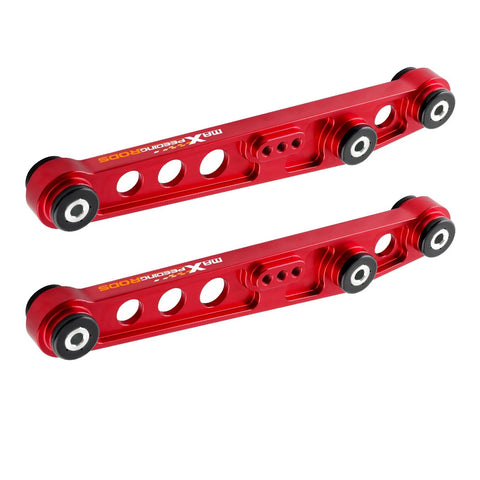 maXpeedingrods rear lower control arms, set of 2 red aluminum with poly bushings (side view).