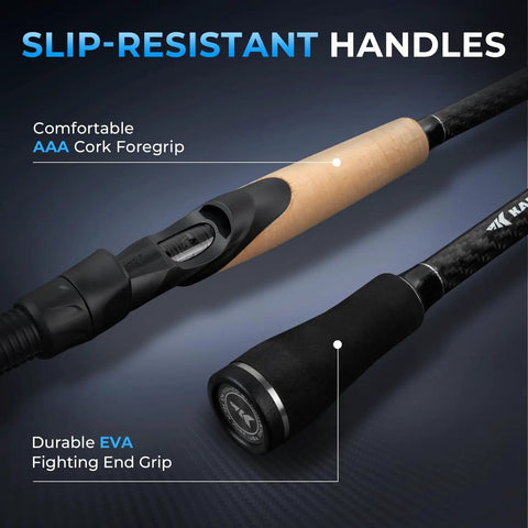 Detail of slip-resistant handles on Travel Ready 4 Piece Spinning And Casting Fishing Rods With Twin Tip For Dual Use IM7 Graphite Blanks.