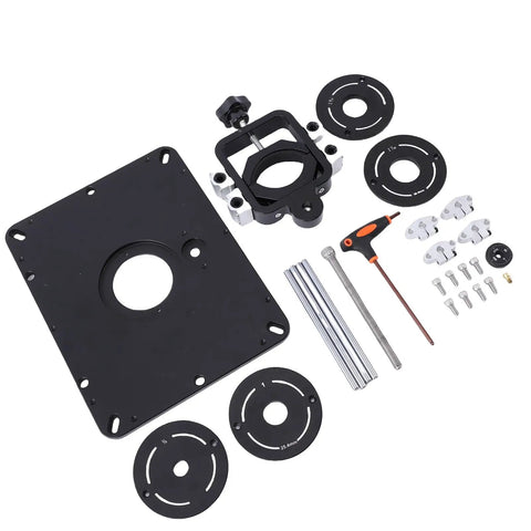 Sweet Aluminum Router Lift Platform With Dead Nut Precision Height Adjustments And Four Interchangeable Insert Rings For Your Dream Woodworking Station Setup, parts and tools laid out.