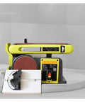 Heavy Duty 550W Electric Belt Sander With Variable Speed Control, featuring adjustable head and cast iron base for precise woodworking.