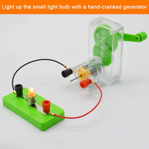 Hand-cranked generator lighting a small bulb in Big Time Physics Lab Essentials Offering A Clutch Electromagnetic Experiment Kit.