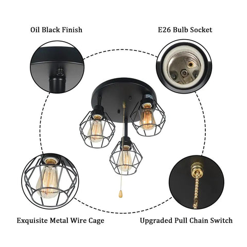 Industrial Dope Pull Chain Ceiling Light Fixture With Black Metal Cage Semi Flush Mount Three Light Edison E26 Steampunk Vibe