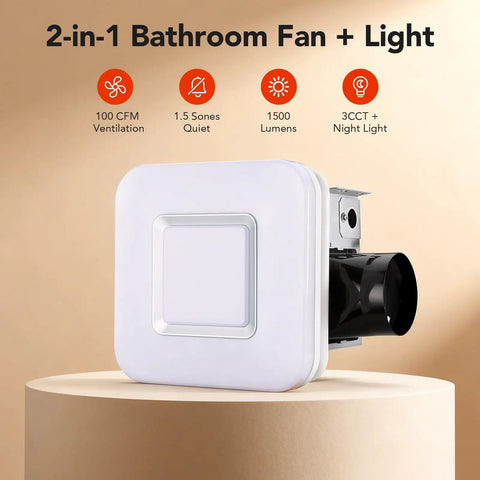 Quiet 100 CFM Bathroom Exhaust Fan With Light, 1.5 Sones, 1500LM LED, 3CCT And Night Light on display