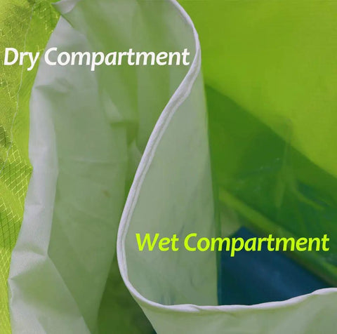 Interior view of dry and wet compartments of Dry Wet Separated Swim Bag With Drawstring Backpack, Waterproof Gym Pool Beach Gear Tote