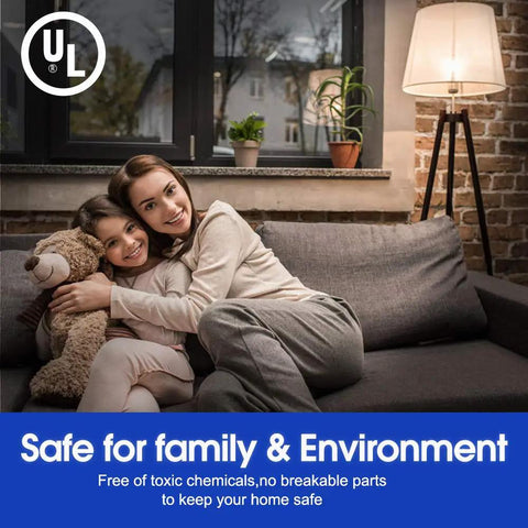 Mother and daughter hugging on couch under lamp with message 'Safe for family & Environment', featuring UL logo.