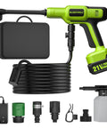 Cordless Handheld Pressure Washer 1100 PSI Battery Powered With Copper Motor, 23 Ft Hose, Storage Bag, Lime Green