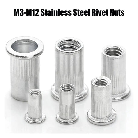 Stainless Steel Flat Head Rivet Nuts For Home DIY And Metal Work Projects Featuring Knurled Bodies, M3-M12 sizes displayed.