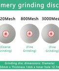 Emery grinding discs shown, 320Mesh coarse, 800Mesh and 3000Mesh fine, for Heavy Duty Wet Bench Grinder Electric Sander.