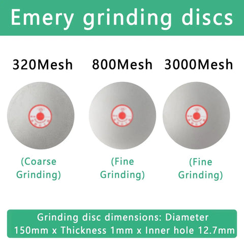 Emery grinding discs shown, 320Mesh coarse, 800Mesh and 3000Mesh fine, for Heavy Duty Wet Bench Grinder Electric Sander.
