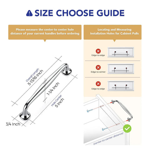 Size guide for 5 Pack 5 Inch Polished Chrome Kitchen Cabinet Handles Solid Zinc Alloy Cupboard and Drawer Pulls.