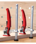 20mm Quick Press Hold Down Clamp with Ratchet Locking Mechanism on wooden workbench, three clamps engaged