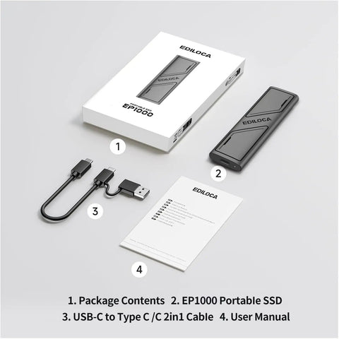 EP1000 1TB Portable External SSD Drive With USB C Lightning Fast Up To 1000MBps Read And 950MBps Write, packaging, cables, manual