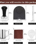 Contents of 51mm Coffee Tamper Set for Portafilter Espresso Machines With 350ml Frothing Pitcher Tamper Mat Barista Towel Latte Art Pen Decorative Stencils All In One Coffee Barista Kit
