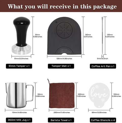 Contents of 51mm Coffee Tamper Set for Portafilter Espresso Machines With 350ml Frothing Pitcher Tamper Mat Barista Towel Latte Art Pen Decorative Stencils All In One Coffee Barista Kit