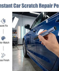 Car Scratch Remover Pen, Quick Touch Up Tool For Cars, shown in use on blue car door in garage setting