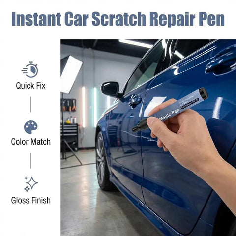 Car Scratch Remover Pen, Quick Touch Up Tool For Cars, shown in use on blue car door in garage setting