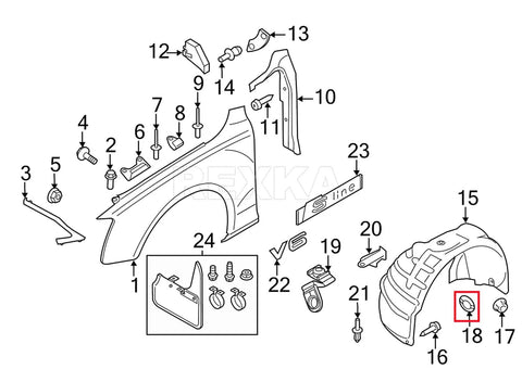 Diagram showing installation points for Fender Liner Splash Shield Retaining Clips Kit 30 Pcs For Audi 4F0825429A.