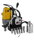 1100W Portable Magnetic Drill Press For Metal Fabrication with drill bits and coolant bottle on a sturdy base.