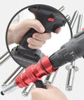 Must Upgrade Your DIY Game With This Electric Rivet Nut Drill Adapter Kit For Cordless Tools Featuring Removable Handle Easy Install And Removal For Wide Rivet Sizes To Get The Job Done Rapidly Without The Hassle, red metal adapter on cordless drill